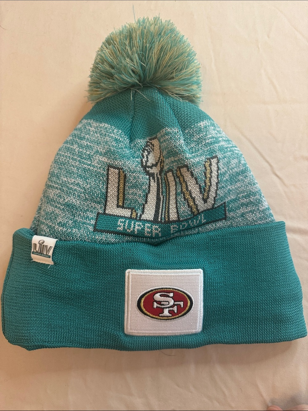 NFL Teal & White Super Bowl LIV Pom Beanie with 49ers Patch